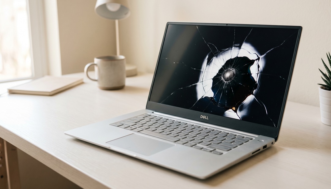 Dell laptop with cracked screen showing a spider-web fracture and black ink-bleeding LCD damage radiating from the impact point