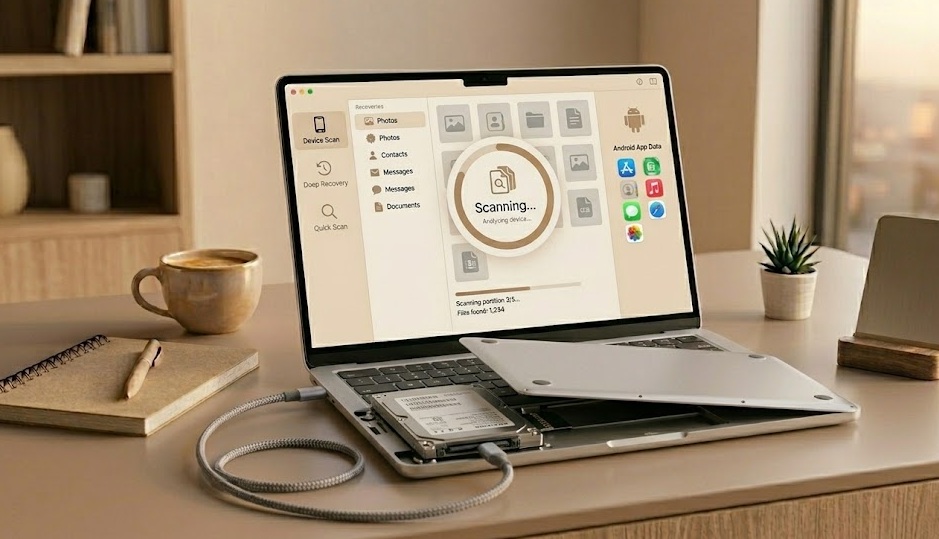 Laptop with back panel partially removed revealing the hard drive next to an external USB drive on a clean desk