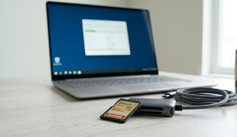 SD memory card and USB card reader on a desk next to a laptop with recovery software open