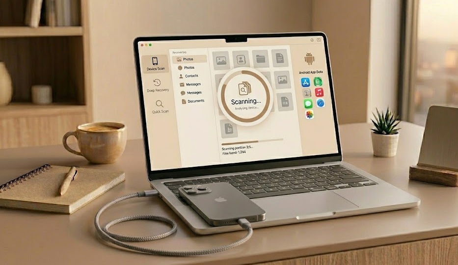 Smartphone connected to a laptop with a USB cable showing data recovery progress bar on the laptop screen