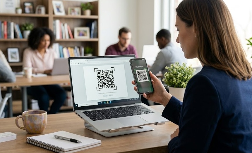 Person scanning a QR code displayed on a phone screen using Google Lens on another device