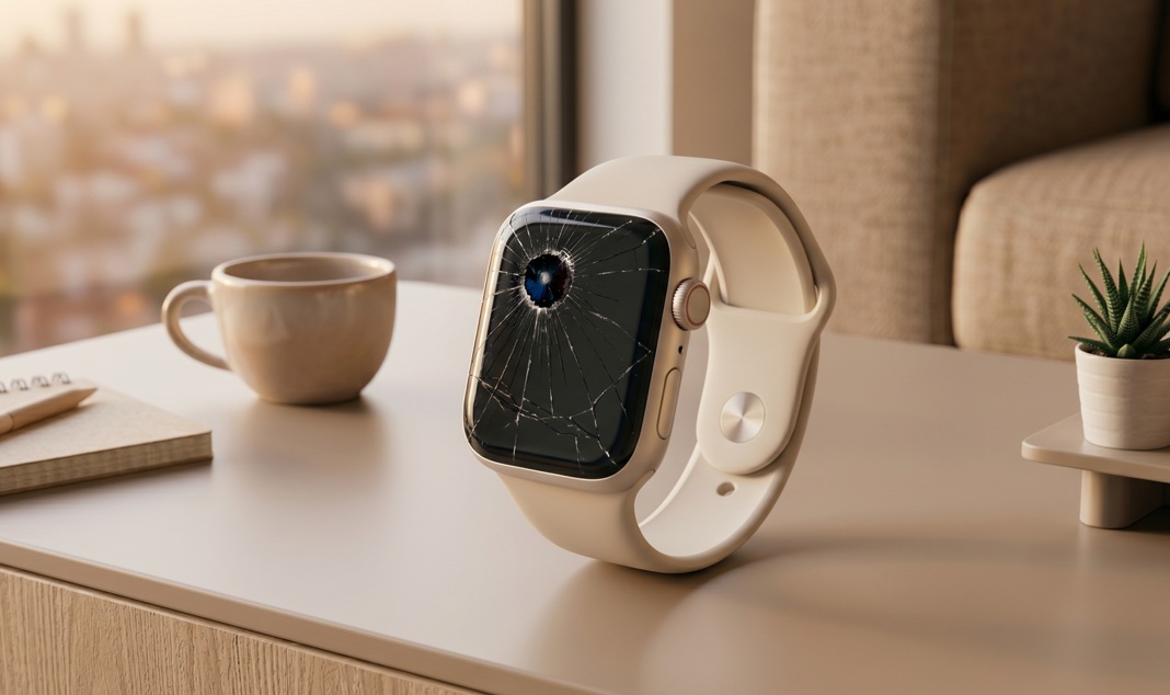 Apple Watch with a cracked screen showing hairline fractures across the OLED display glass