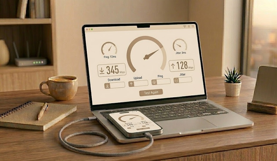 Laptop screen showing a WiFi speed test results page with download and upload speed numbers