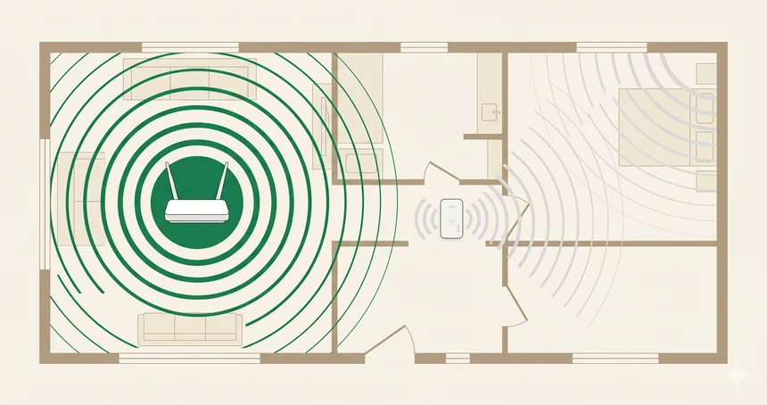 Home floor plan illustration showing Wi-Fi router signal coverage and a dead zone, with a Wi-Fi extender bridging the gap