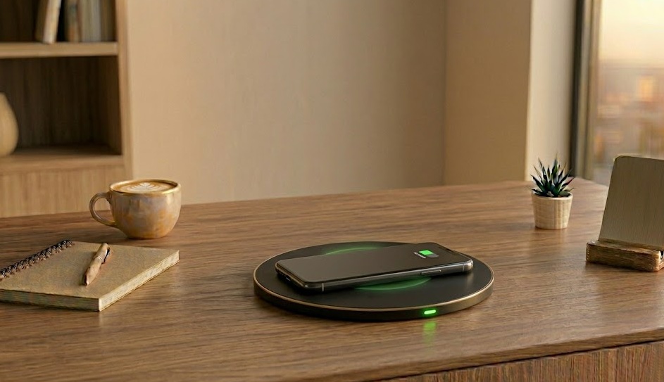 Smartphone placed on a round wireless charging pad on a wooden desk with glowing charging indicator